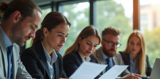 Groupe de professionnels divers collaborant dans un bureau lumineux