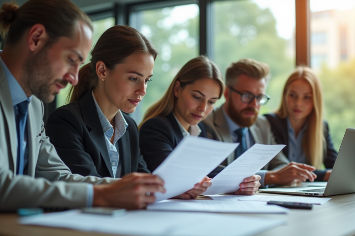 groupe-professionnels-collaborant-bureau Groupe de professionnels divers collaborant dans un bureau lumineux
