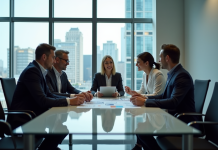 Groupe de professionnels discutant de marketing en réunion