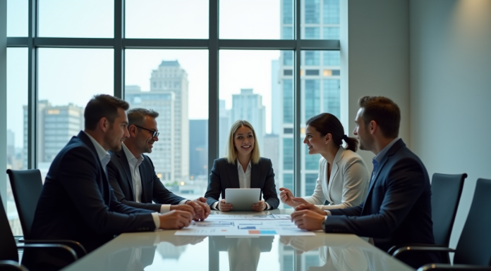 Groupe de professionnels discutant de marketing en réunion