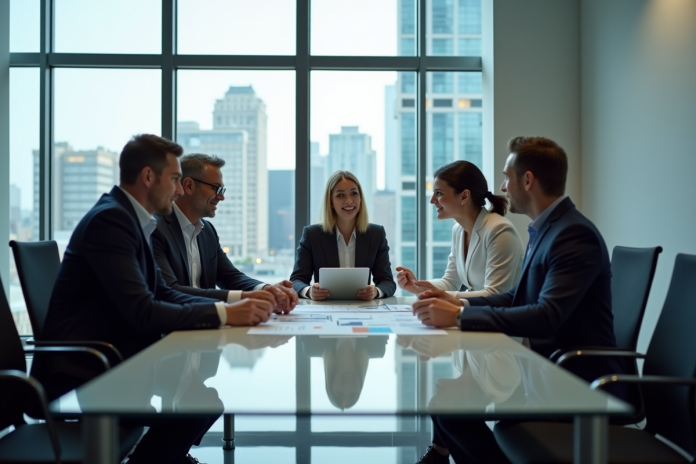 Groupe de professionnels discutant de marketing en réunion