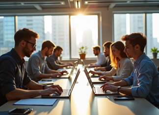 Groupe de professionnels travaillant en coworking lumineux