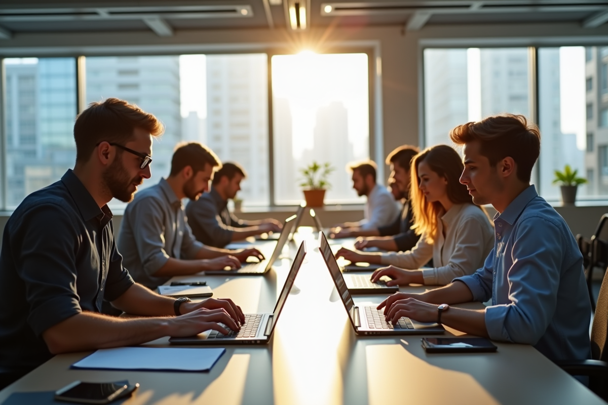 Groupe de professionnels travaillant en coworking lumineux