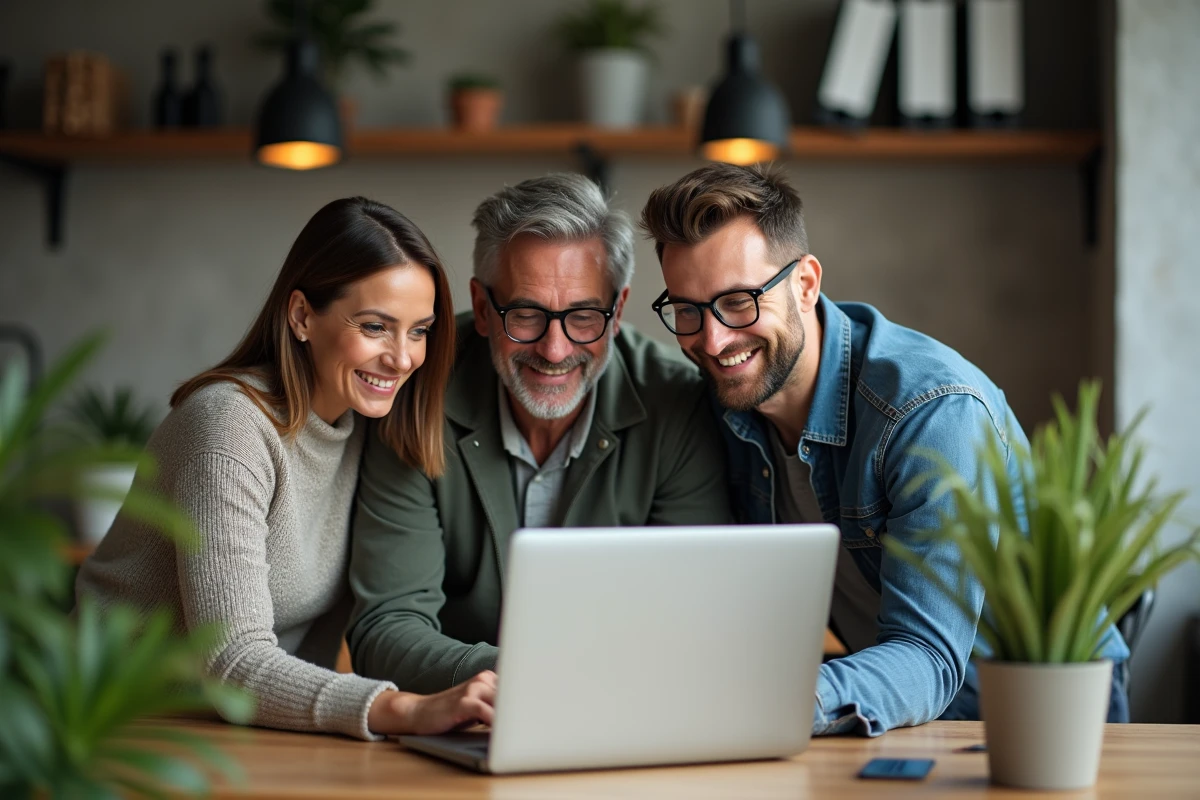 Groupe de salariés collaborant autour d'un ordinateur portable dans un espace de coworking moderne