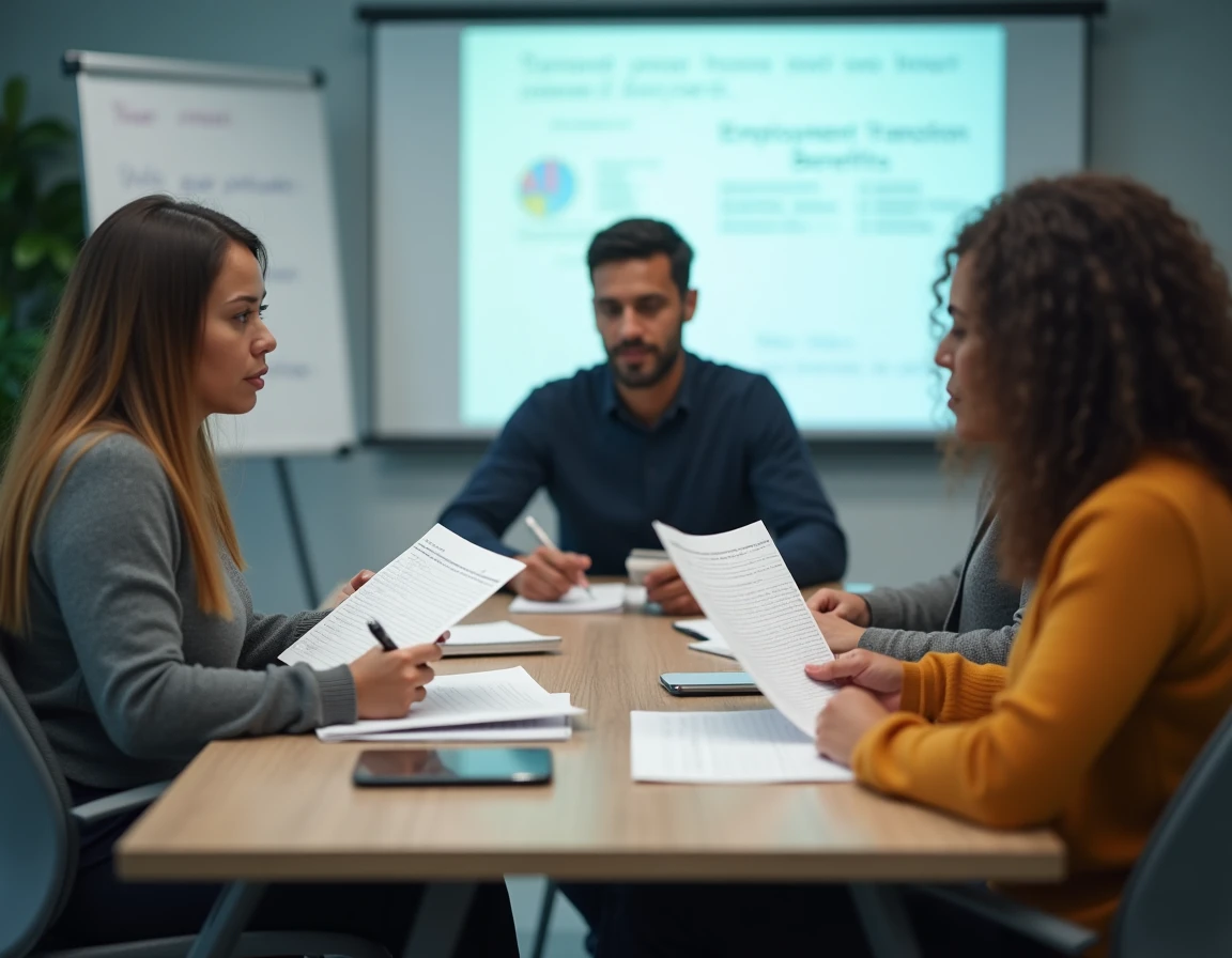 Groupe de salariés en reconversion professionnelle lors d'une formation sur l'allocation de sécurisation professionnelle ASP dans une salle de réunion