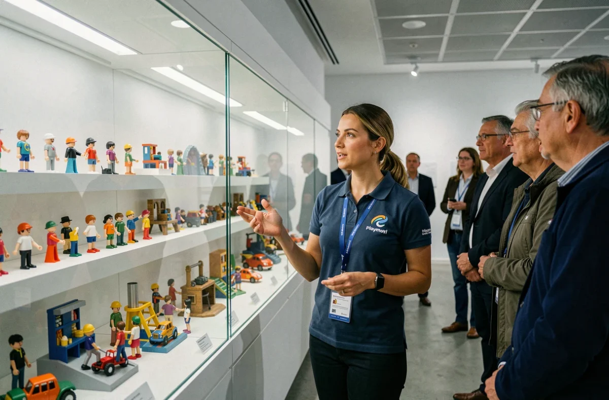 Guide touristique présentant des figurines Playmobil dans la salle d'exposition de l'usine