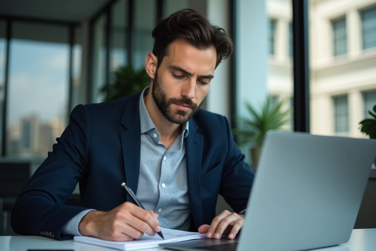 Homme d'affaires français concentré à son bureau moderne