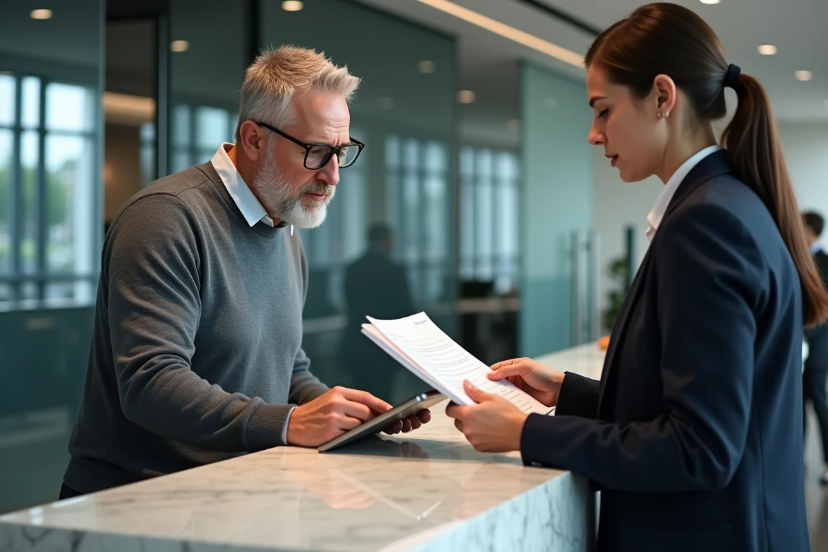 Homme discutant avec un conseiller bancaire dans une agence
