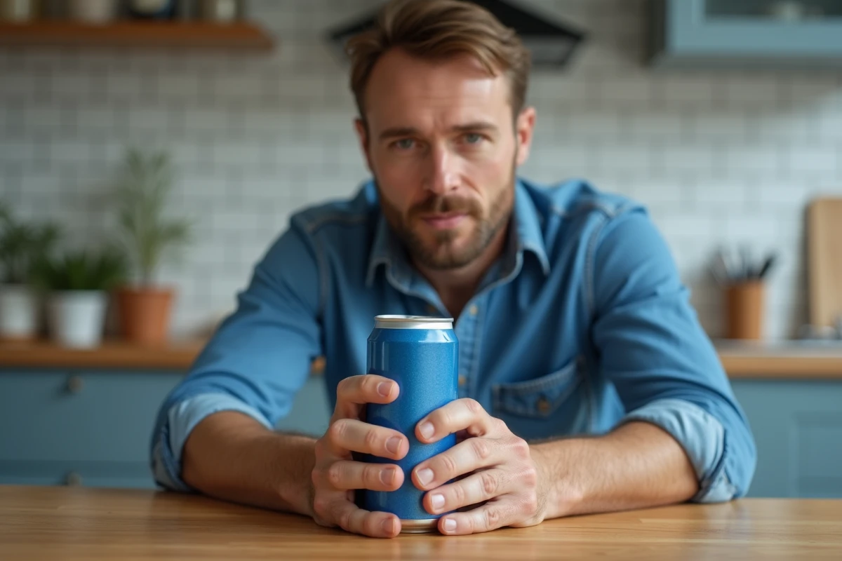 Homme d'âge moyen tenant une canette bleue et argent dans une cuisine moderne