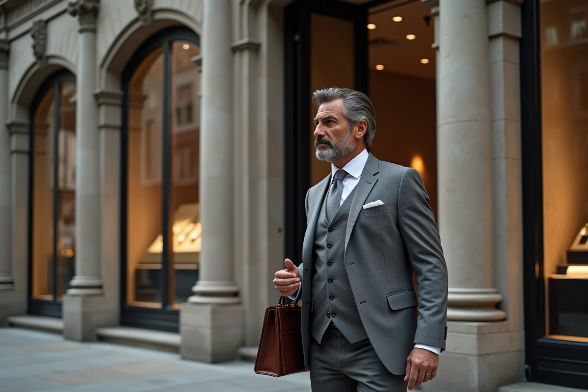 Homme mature devant une boutique de luxe en rue