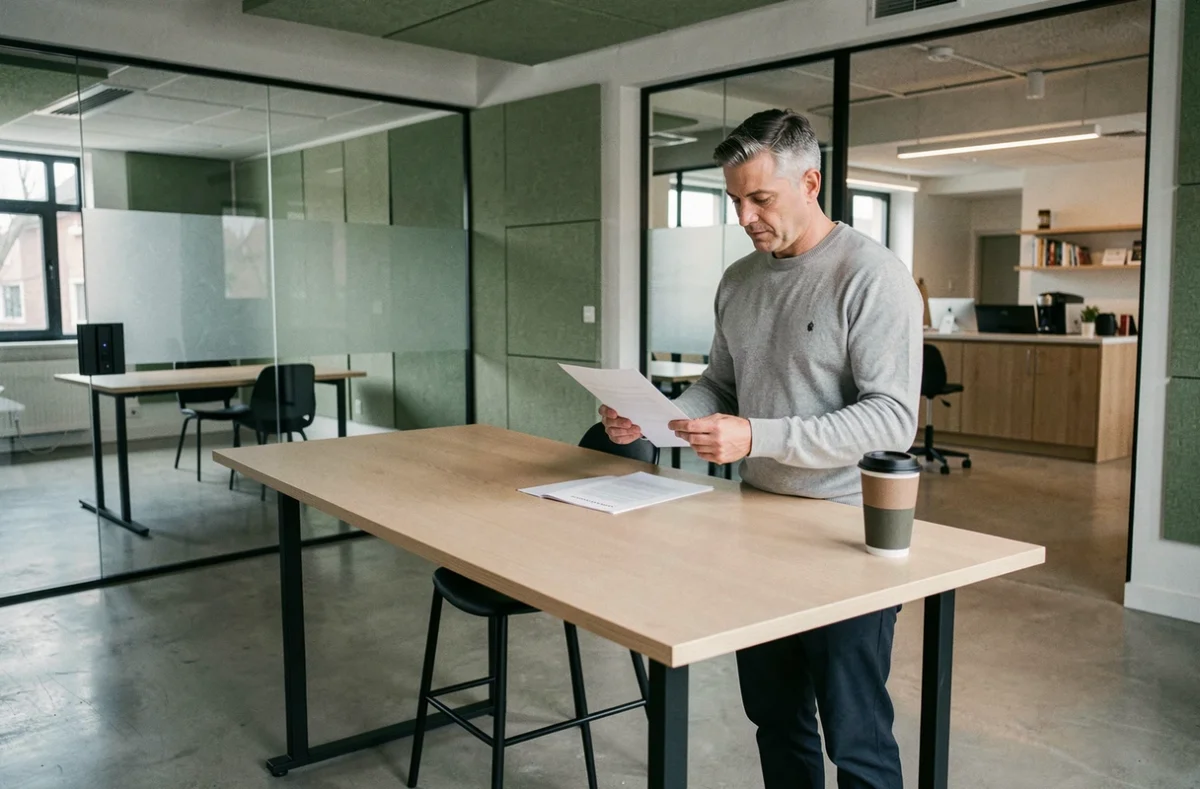 Homme d'affaires debout à un bureau partagé dans un coworking contemporain à Melun, consultant des documents