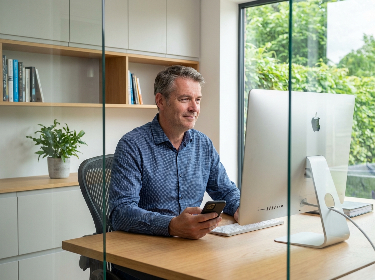 Homme d affaires au bureau avec smartphone et ordinateur