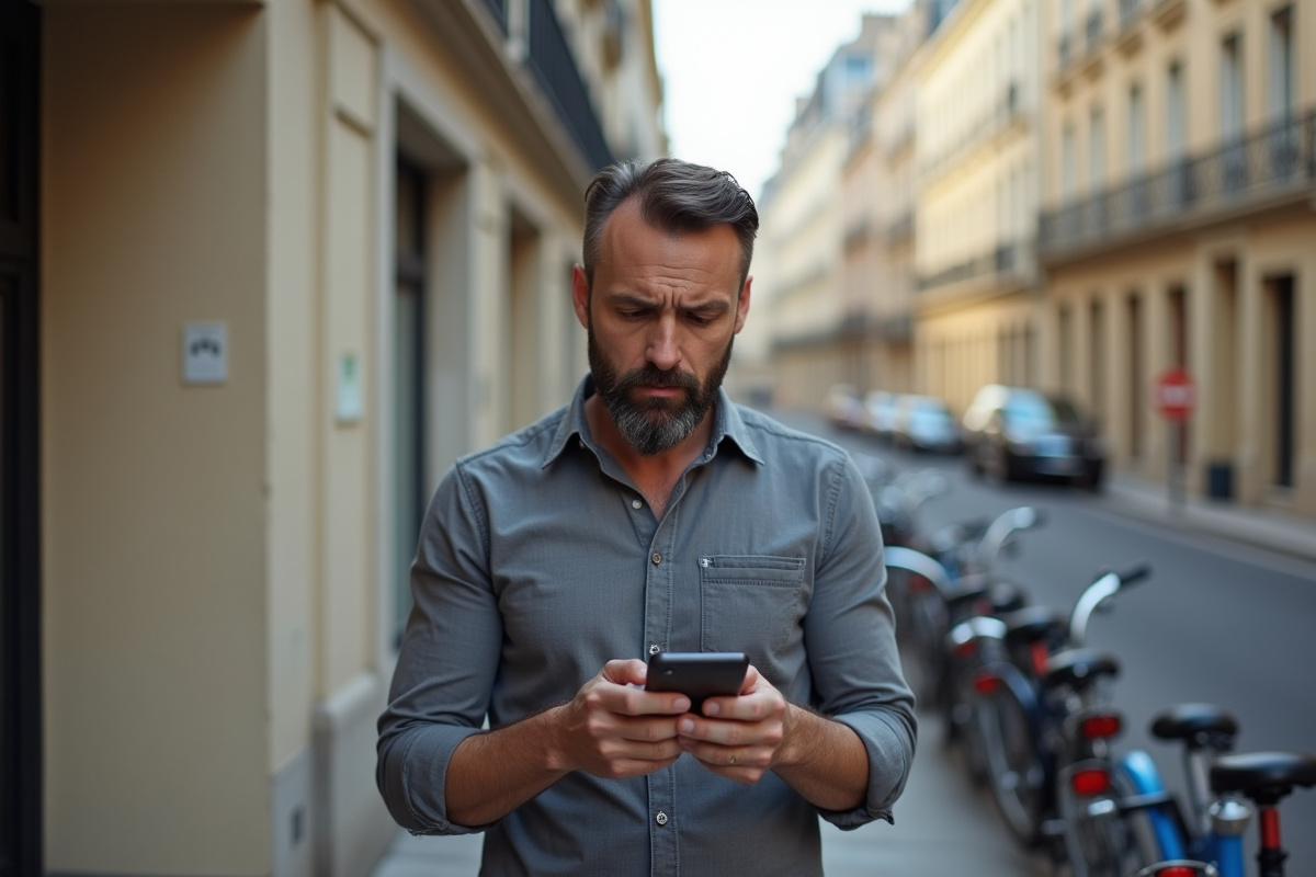 Homme avec barbe regarde son smartphone dans une rue urbaine