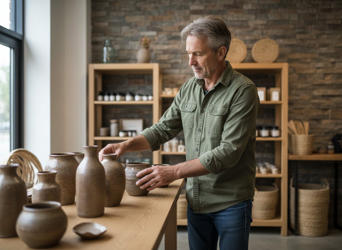 Homme arrangeant des vases en céramique dans un magasin