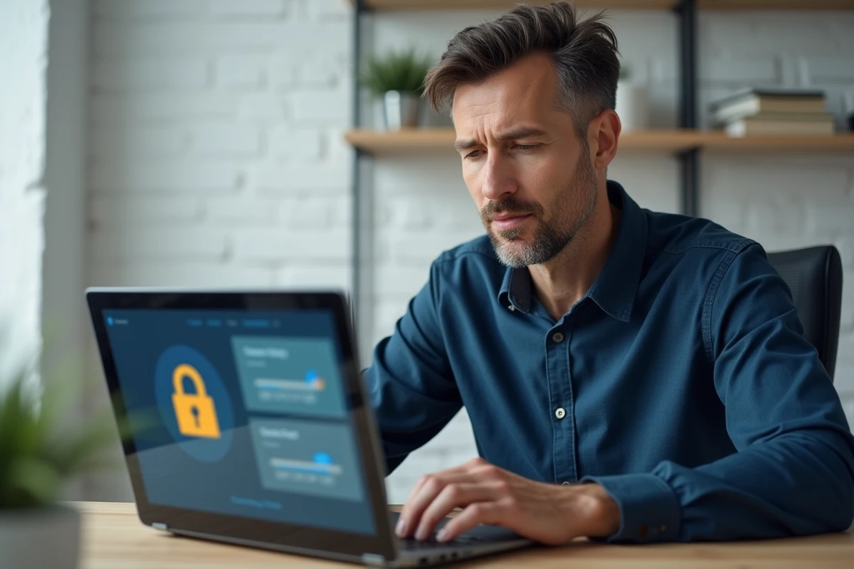 Homme consultant son coffre-fort numérique et compte personnel sécurisé en ligne sur un ordinateur portable au bureau à domicile