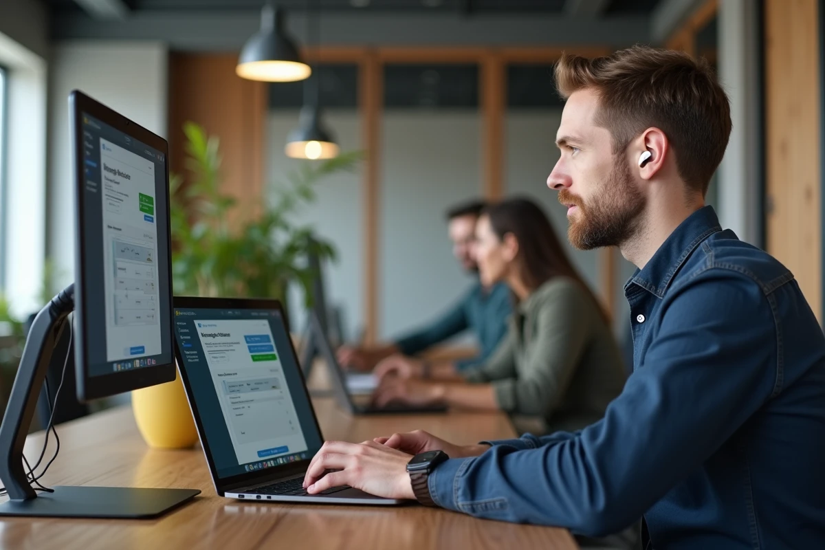 Homme en télétravail dans un espace de coworking utilisant une plateforme en ligne pour négocier son salaire