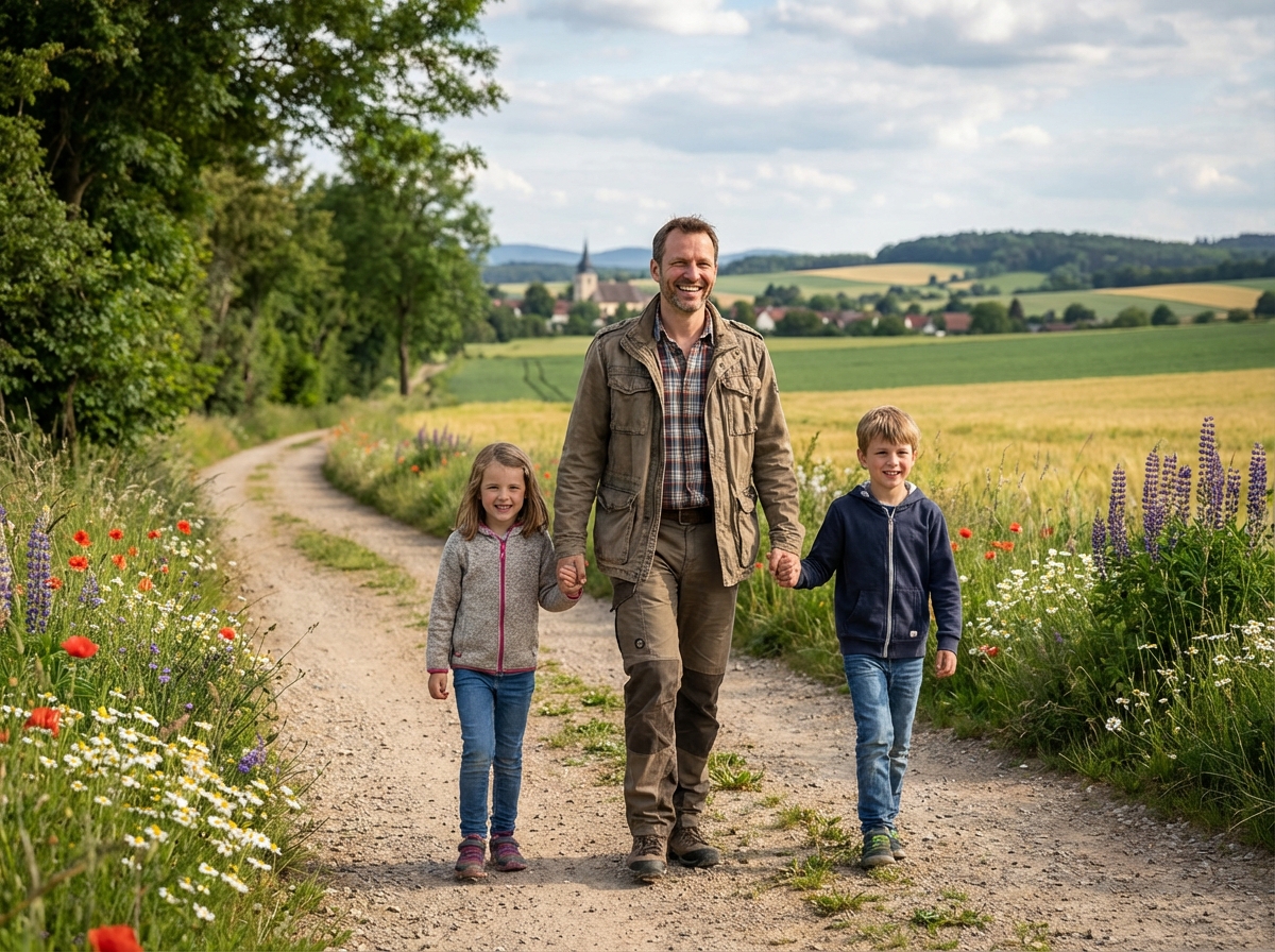 Homme avec deux enfants marchant dans un chemin rural en nature