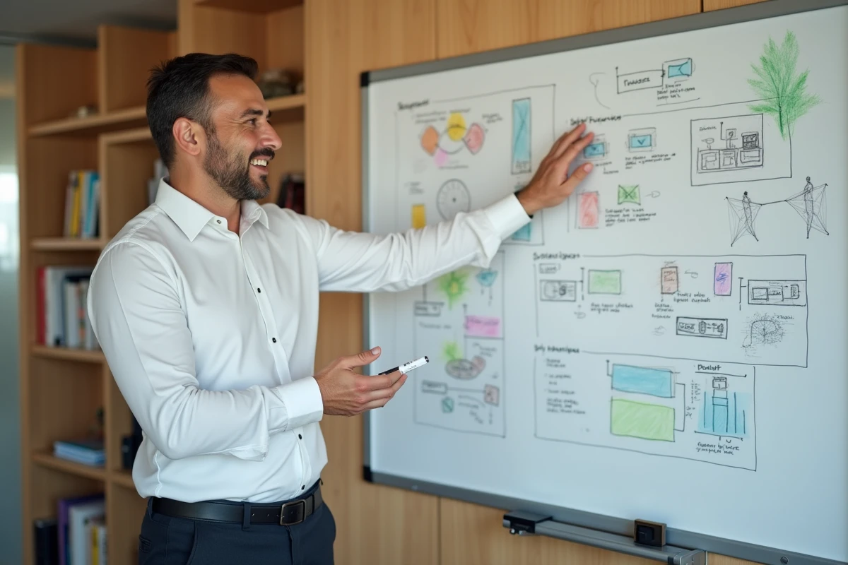 Homme entrepreneur en r&eacute;union avec tableau de croquis design