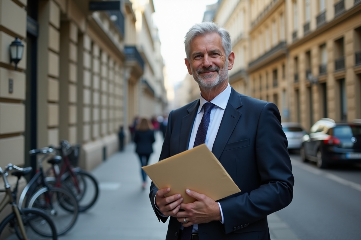 Homme d âge moyen avec enveloppe devant bâtiment officiel