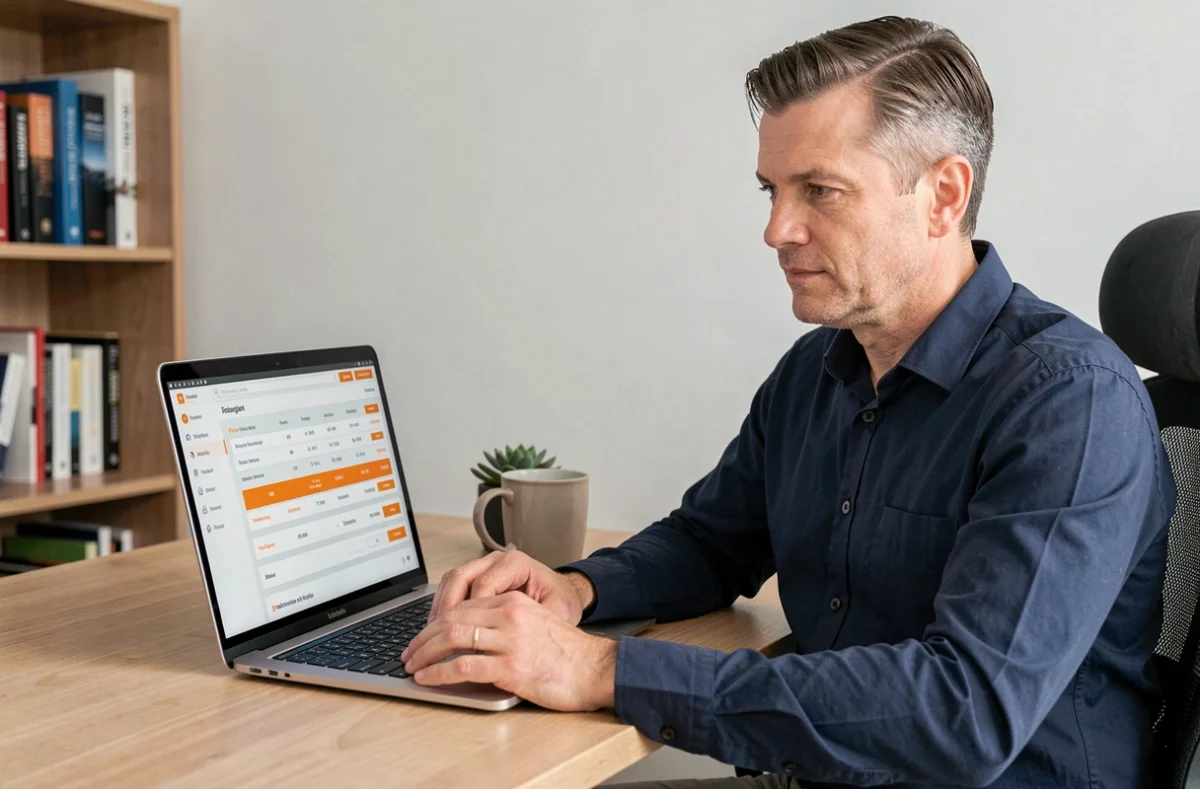 Homme consultant l'espace client Orange sur ordinateur portable au bureau à domicile