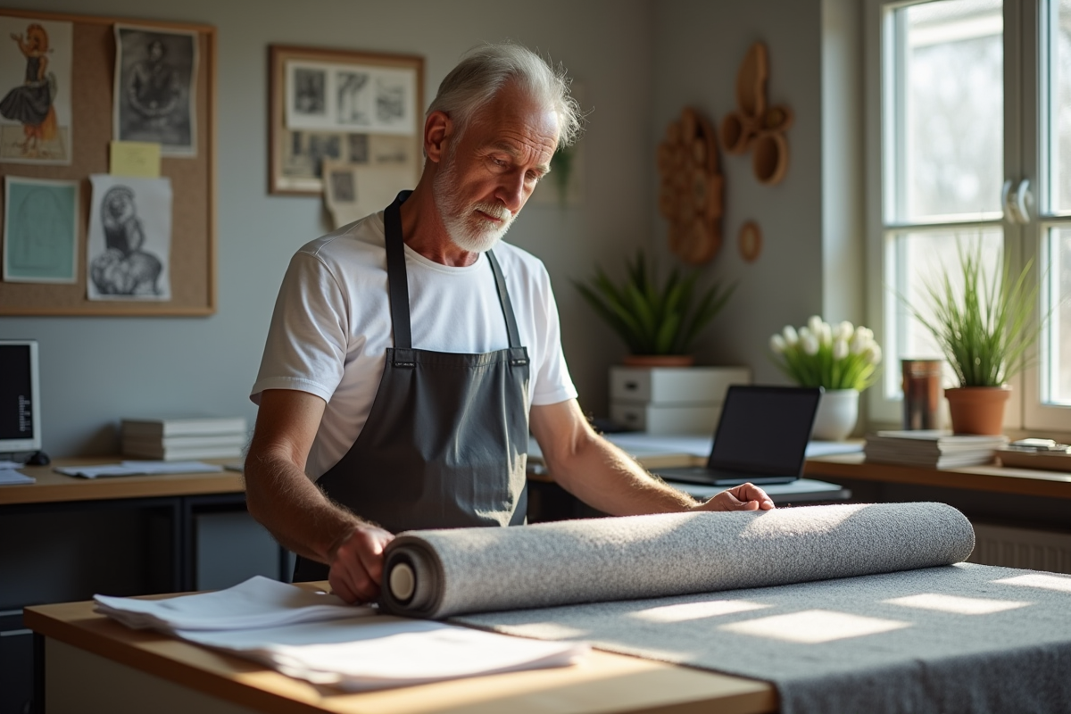 Homme examine un échantillon de tissu dans un bureau lumineux