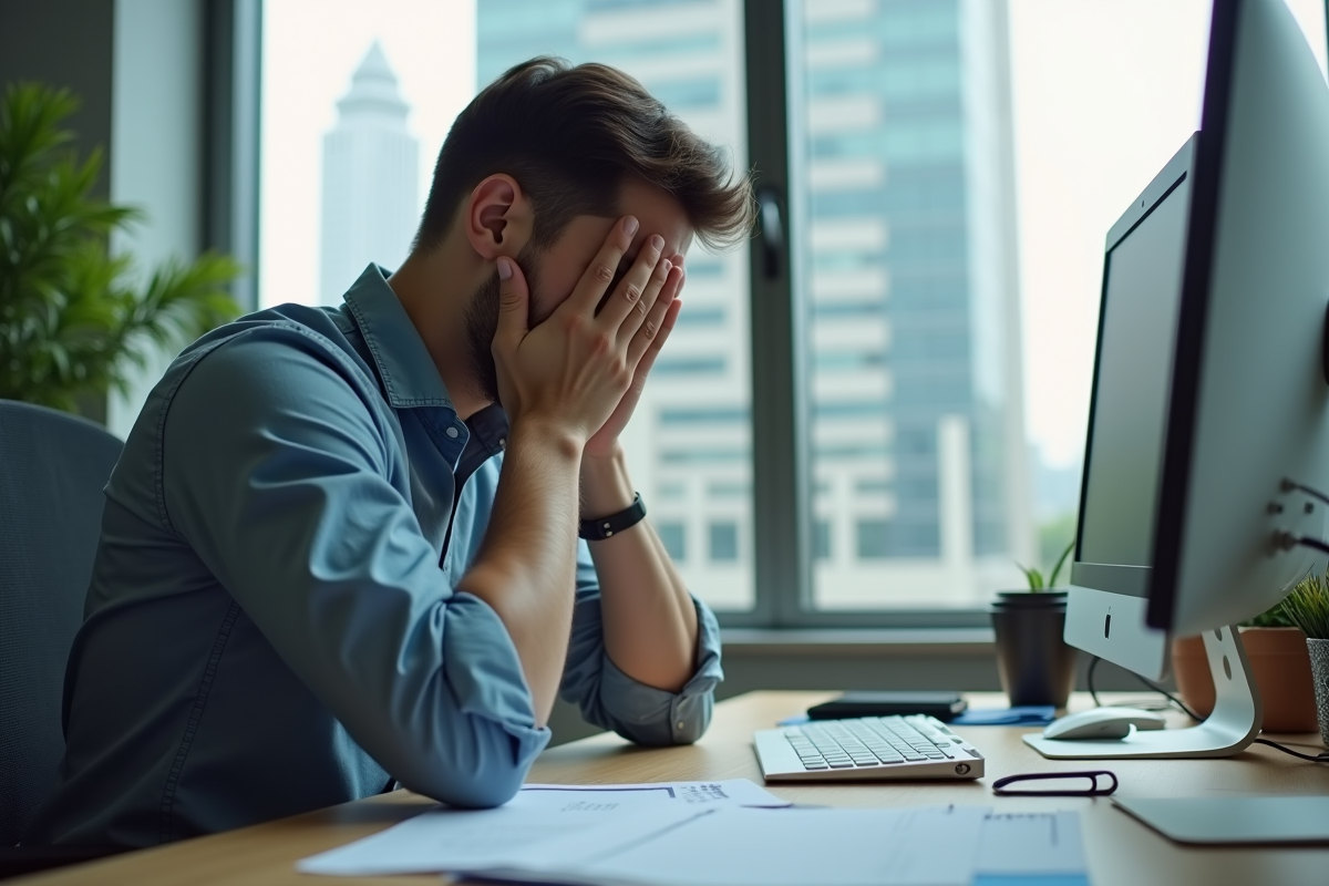 Jeune homme épuisé au bureau avec ordinateur et papiers