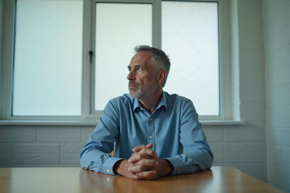 Homme français en entretien avec expression pensive