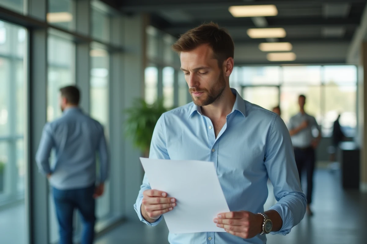 Homme en chemise bleue relisant une lettre de demission dans un hall moderne