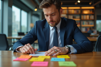 Homme en costume arrangeant des notes marketing sur une table