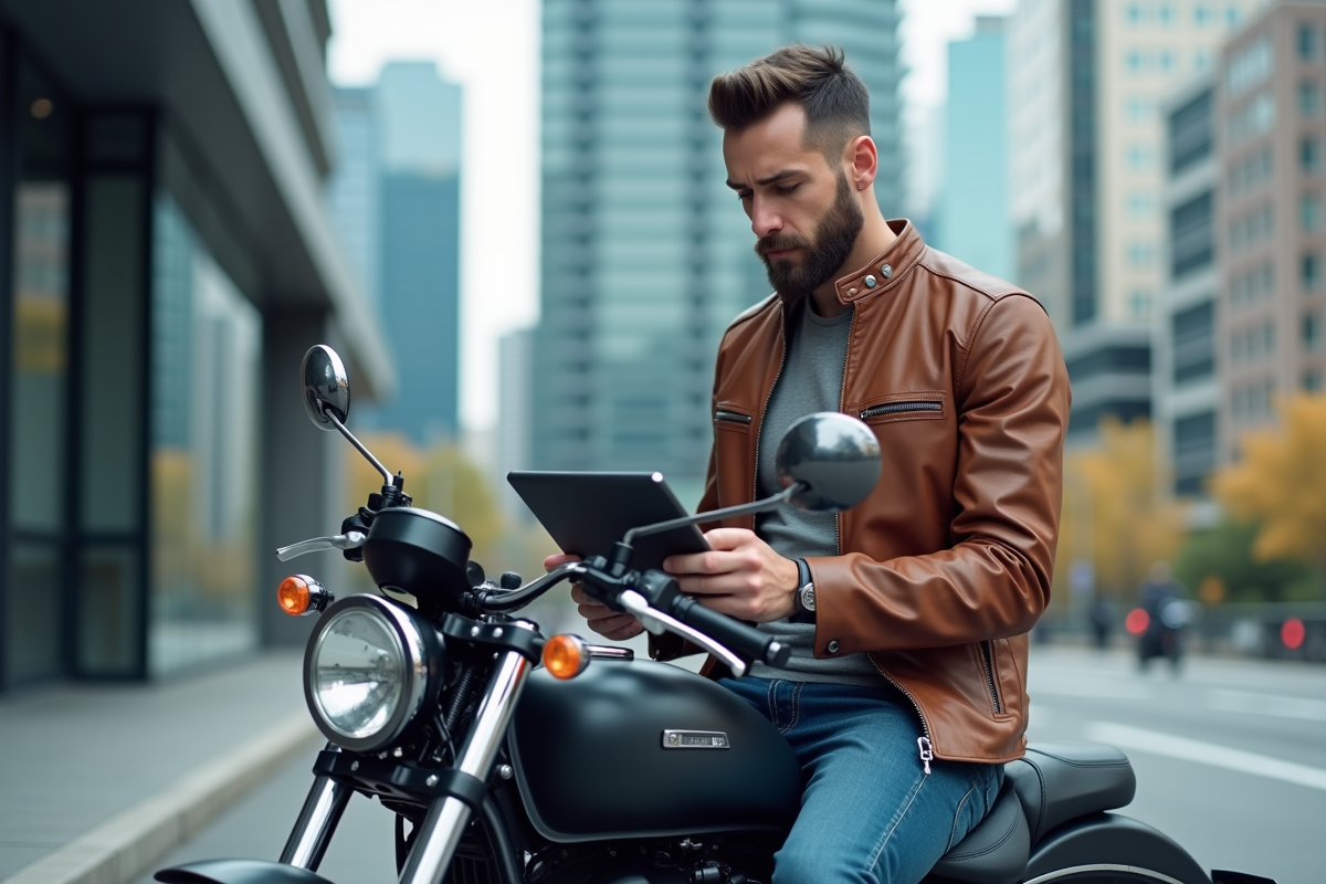 Homme d'âge moyen avec moto en ville et tablette