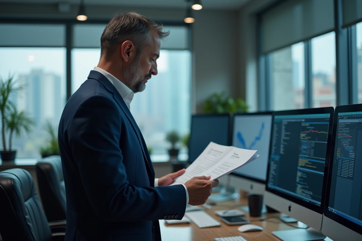 Homme en costume examinant un document dans un bureau moderne