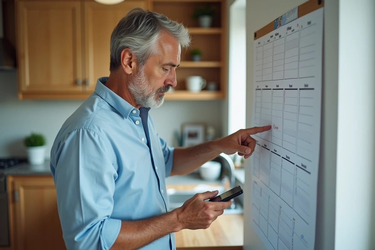 Homme v&eacute;rifiant les dates sur un planificateur mural &agrave; la maison