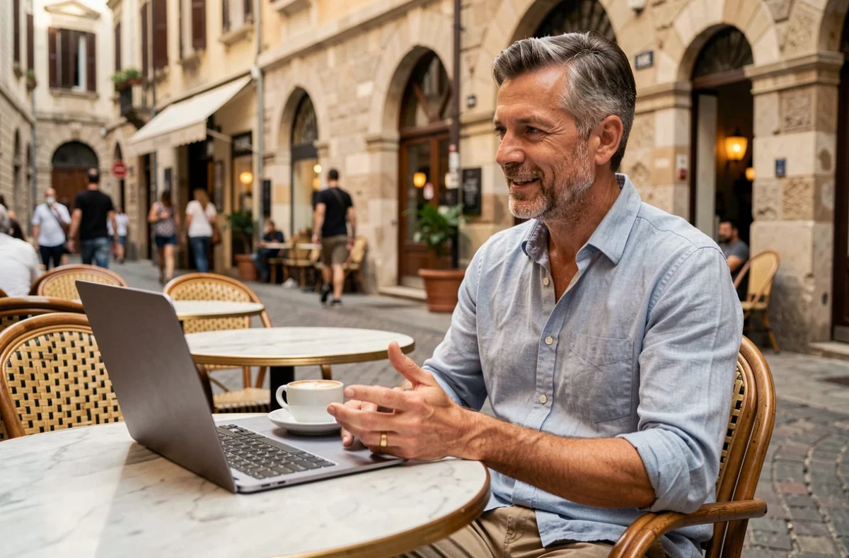 Homme en portage salarial travaillant en télétravail depuis un café à l'étranger lors d'une réunion en visioconférence