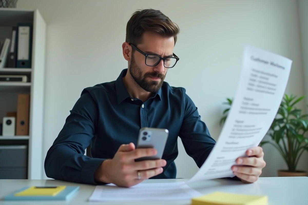 Homme préparant un appel au service client Back Market avec des notes manuscrites et un document imprimé sur son bureau
