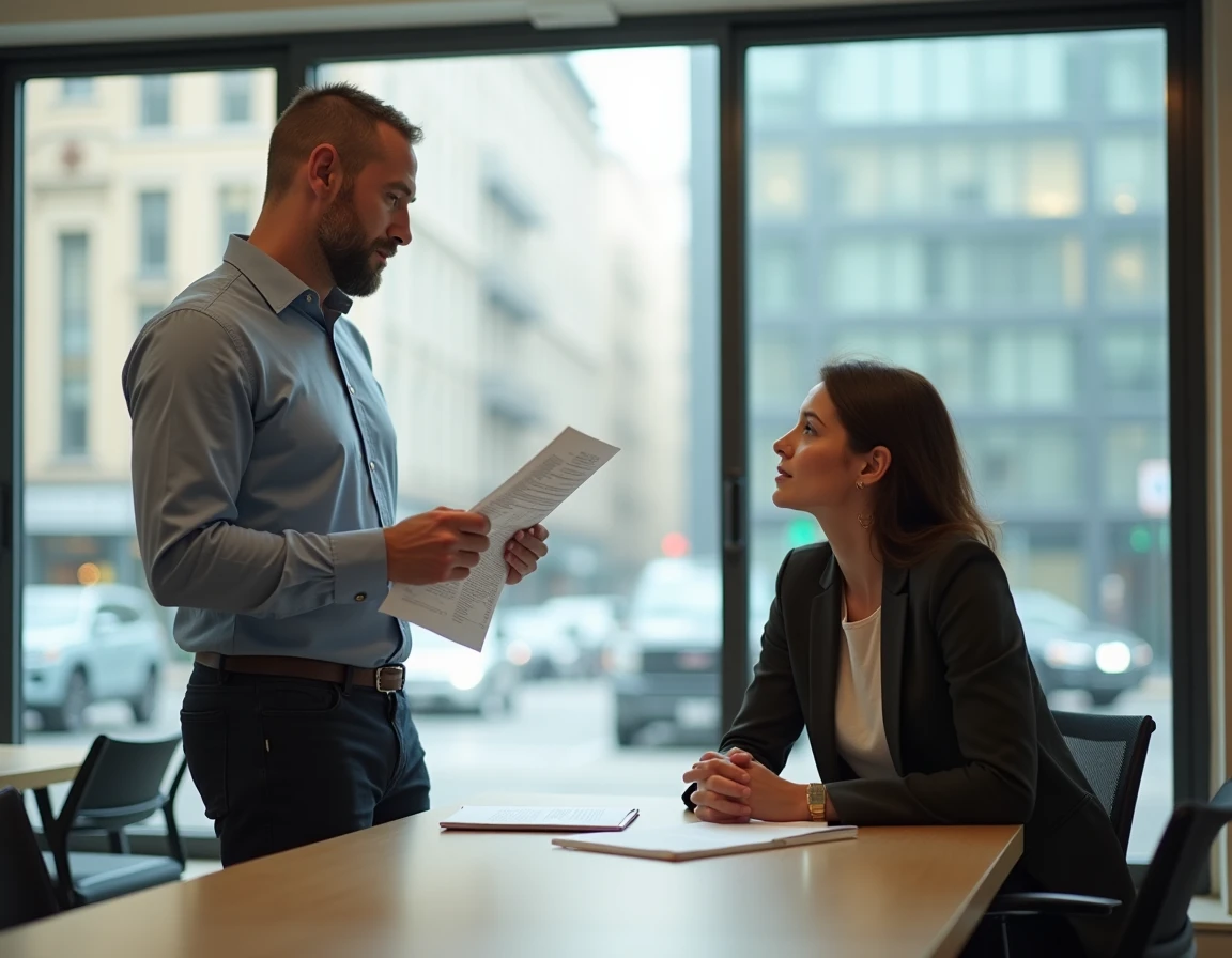 Homme en reconversion professionnelle discutant de l'ASP avec un conseiller emploi dans un espace de coworking moderne