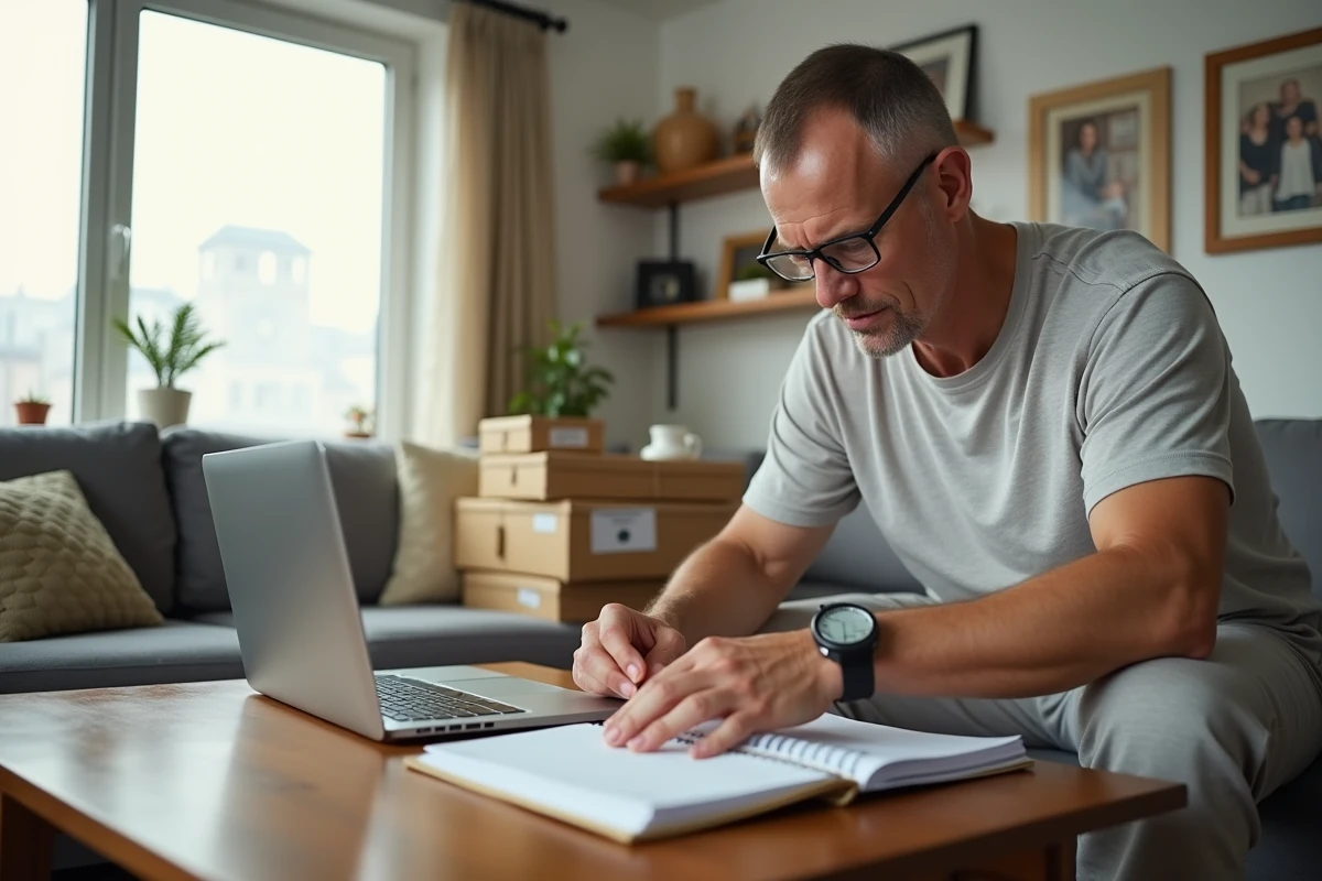 Homme scellant des colis dans un salon lumineux