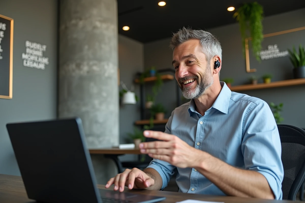 Homme en visioconference dans un espace de coworking moderne