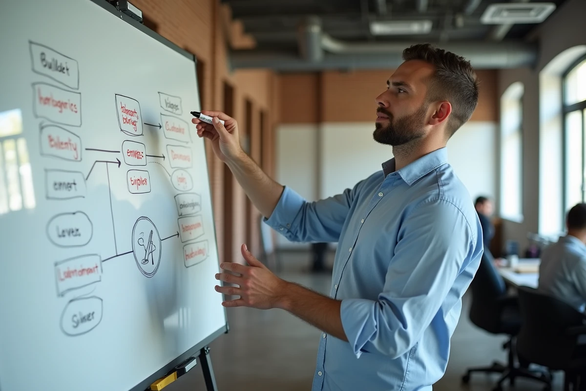 Homme expliquant un processus de vente devant un tableau blanc