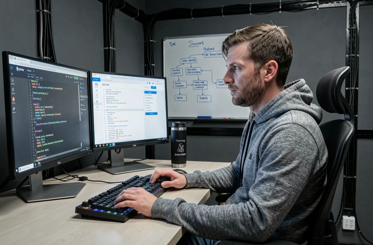 Développeur web d'idweb travaillant sur un audit SEO technique et du code backend dans un bureau technologique aux murs gris foncé
