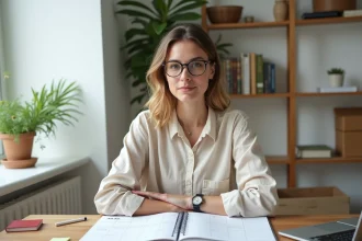 Indépendante consultant son agenda 2026 avec un planning des jours ouvrés ouvert sur son bureau en bois