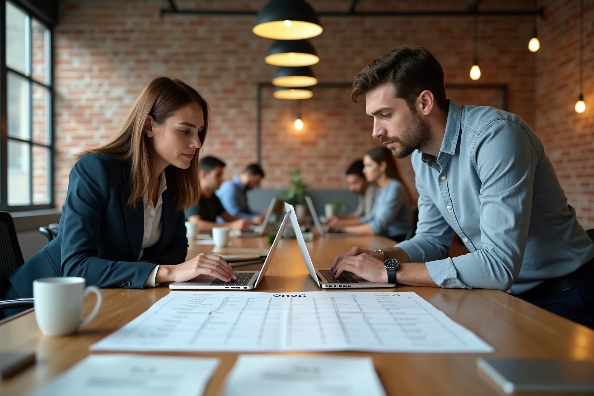 Deux indépendants en espace de coworking étudiant un planning annuel des jours ouvrés 2026