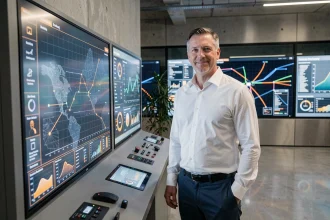 Ingénieur énergie devant un panneau de contrôle numérique affichant des données réseau électrique et IA dans un centre de gestion moderne