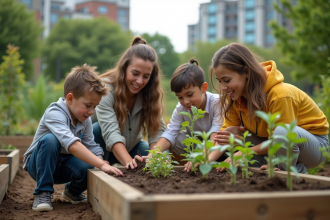 Groupe divers plantant des jeunes arbres dans un jardin urbain