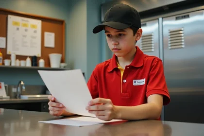 Jeune employé de 16 ans en uniforme fast food lisant sa première fiche de paie dans la salle du personnel