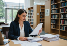 Les critères à considérer pour intégrer une école de commerce sérieuse Jeune femme en blazer bleu examine des documents universitaires