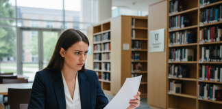 Les critères à considérer pour intégrer une école de commerce sérieuse Jeune femme en blazer bleu examine des documents universitaires