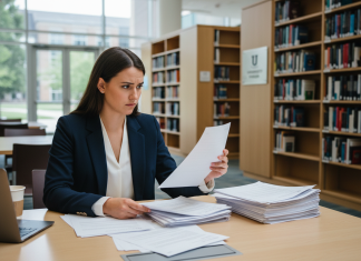 Les critères à considérer pour intégrer une école de commerce sérieuse Jeune femme en blazer bleu examine des documents universitaires