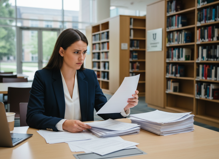 jeune-femme-application-documents Jeune femme en blazer bleu examine des documents universitaires
