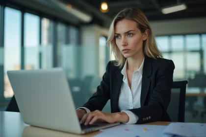 Jeune femme au bureau regardant son ordinateur portable