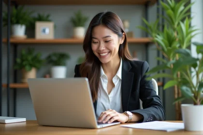 Jeune femme d'affaires souriante au bureau moderne